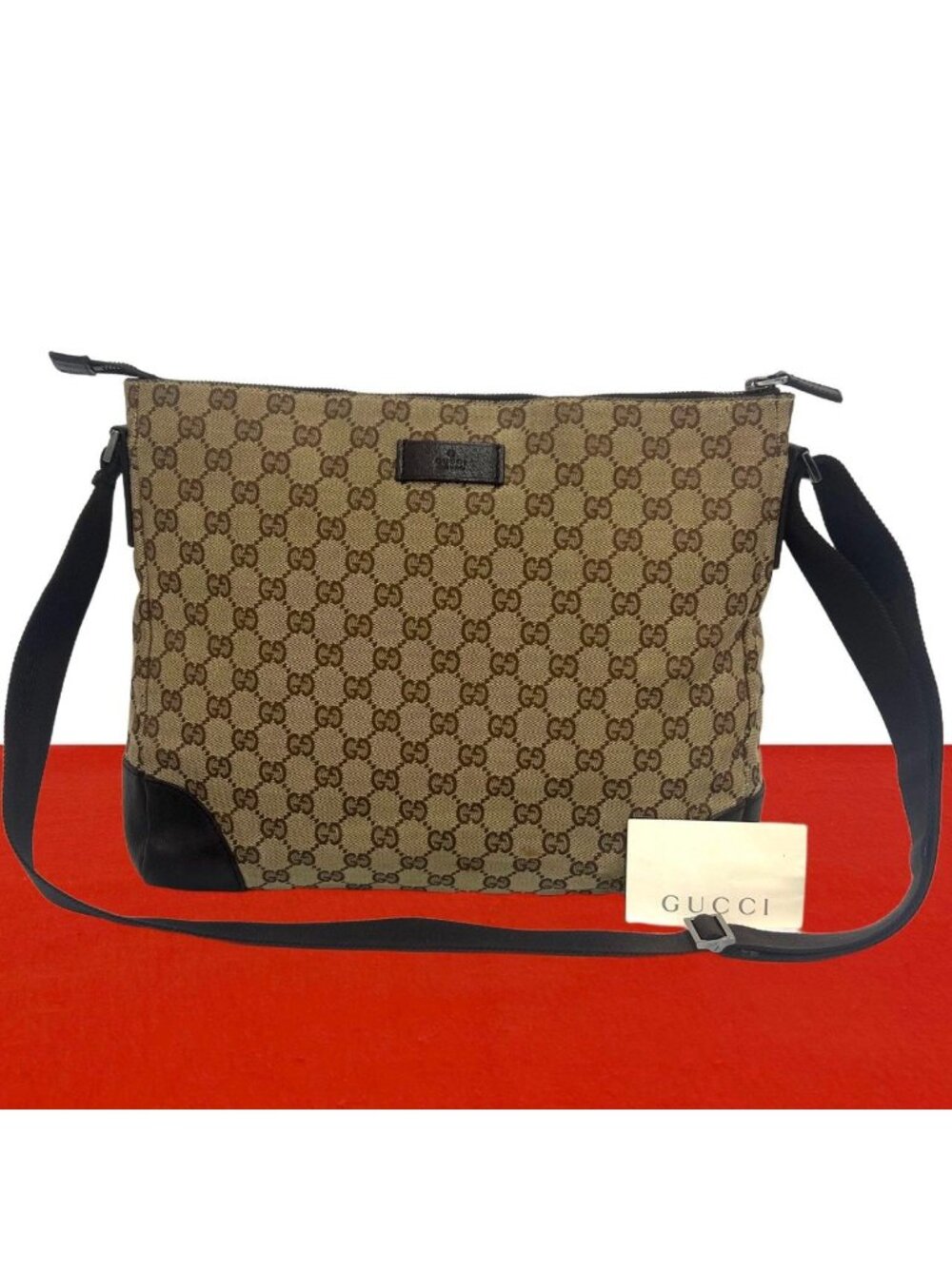 Gucci GG Pattern Logo Canvas Leather Shoulder Bag Cross Brown